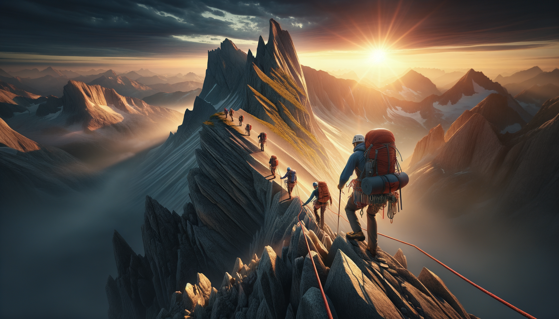 a modern climbing expedition expertly outfitted and rigged, being led along a knifes edge towards a pinnacle summit by a Maine mountain man at dawns light
